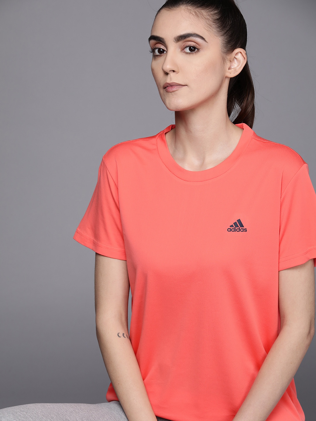 

ADIDAS Women Coral Red Solid Aeroready Designed 2 Move 3-Stripes Sport T-shirt