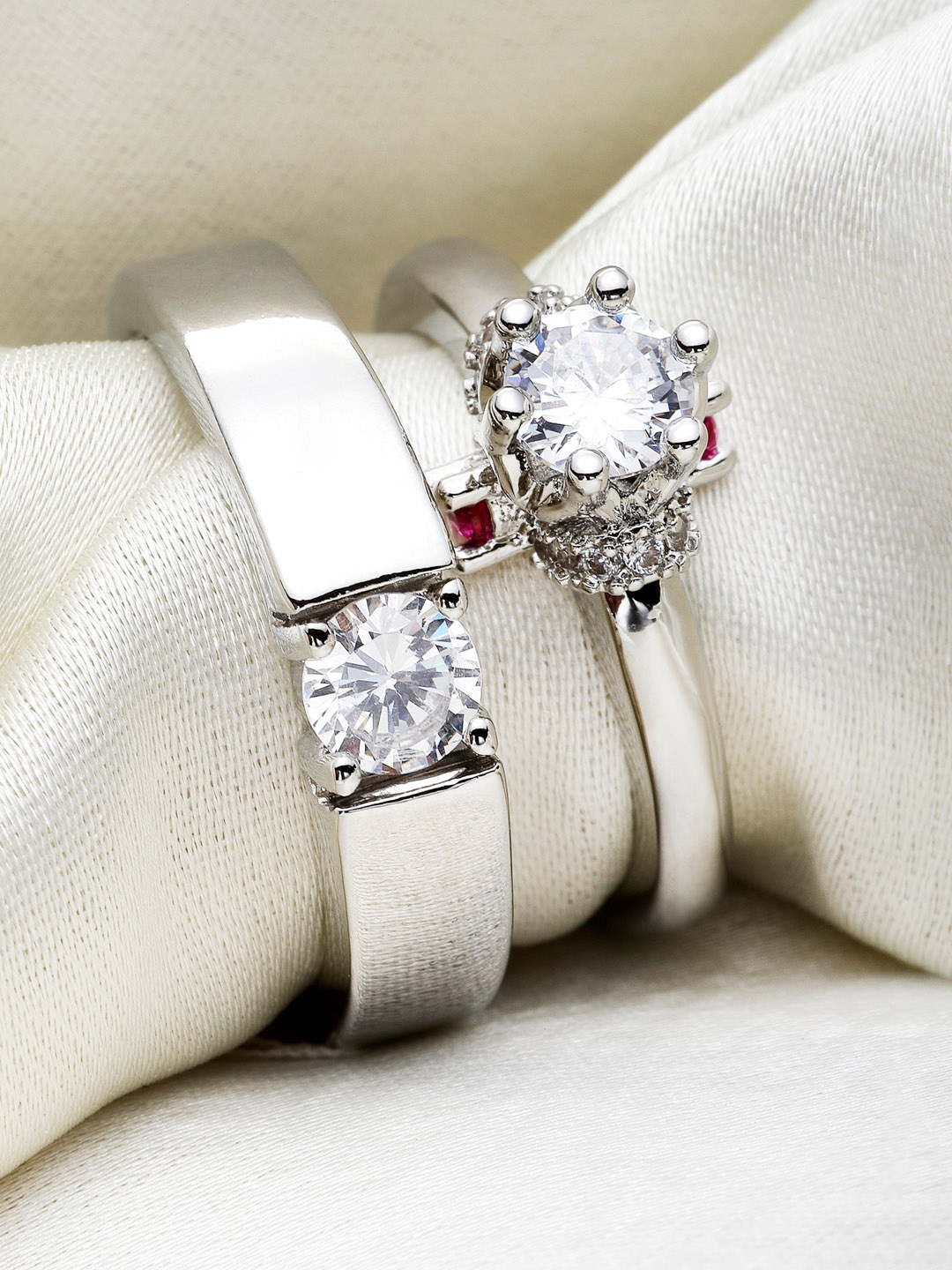 

KARATCART Set Of 2 Silver-Plated White AD-Studded Adjustable Couple Finger Ring