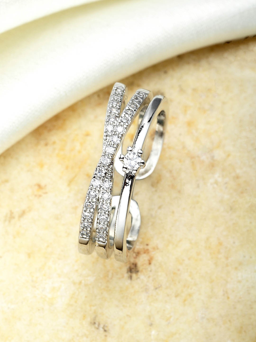 

KARATCART Silver-Plated & White AD-Studded Adjustable Finger Ring