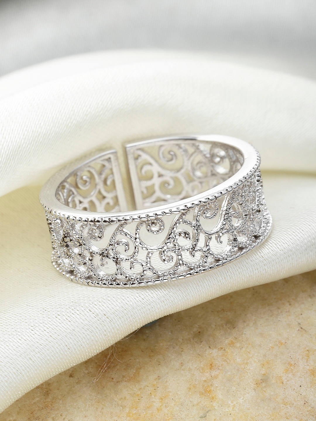 KARATCART Silver-Plated White AD-Studded Adjustable Finger Ring