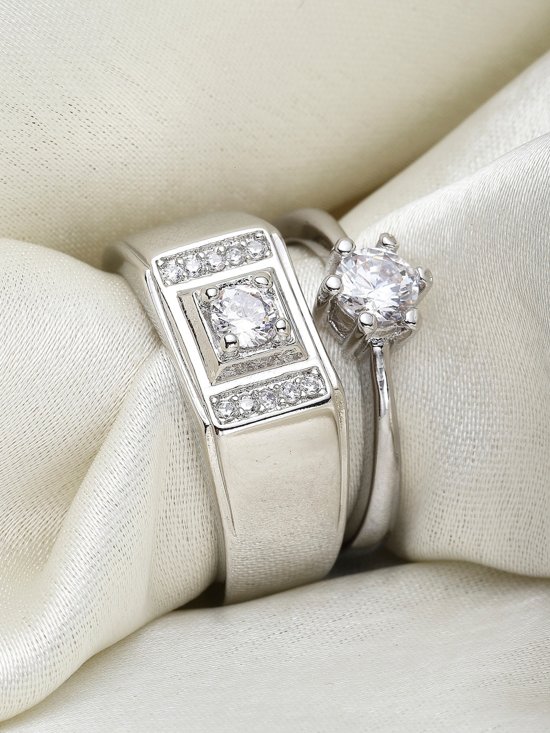 

KARATCART Set Of 2 Silver-Plated White AD-Studded Adjustable Finger Rings