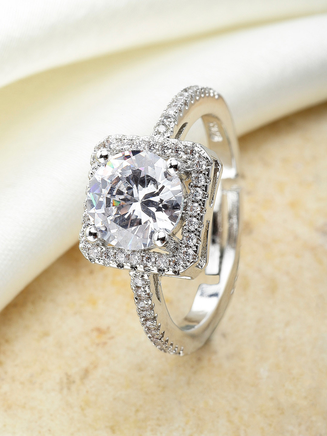 

KARATCART Women Silver-Plated White AD-Studded Adjustable Finger Ring