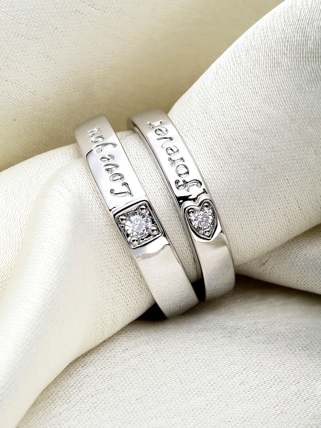 

KARATCART Unisex Set Of 2 Silver-Plated White AD-Studded Adjustable Finger Ring