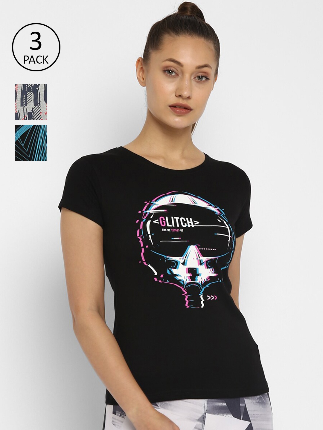 

appulse Women Pack of 3 Black & Grey 3 Printed Cotton T-shirt
