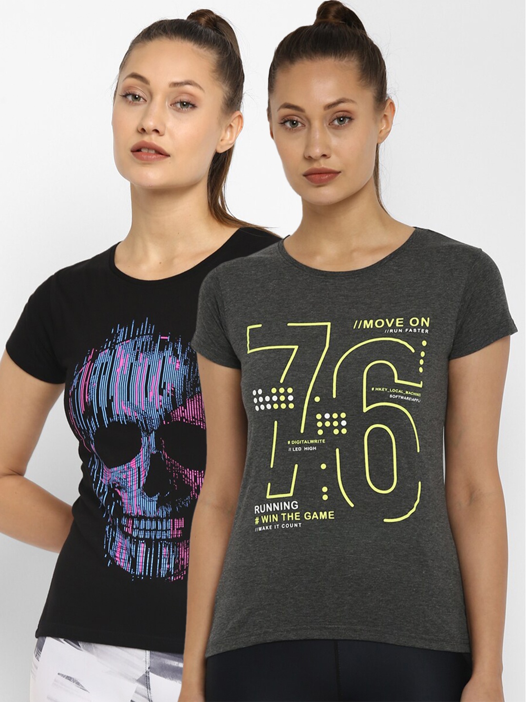 

appulse Women Set of 2 Printed Slim Fit Running T-shirt, Black