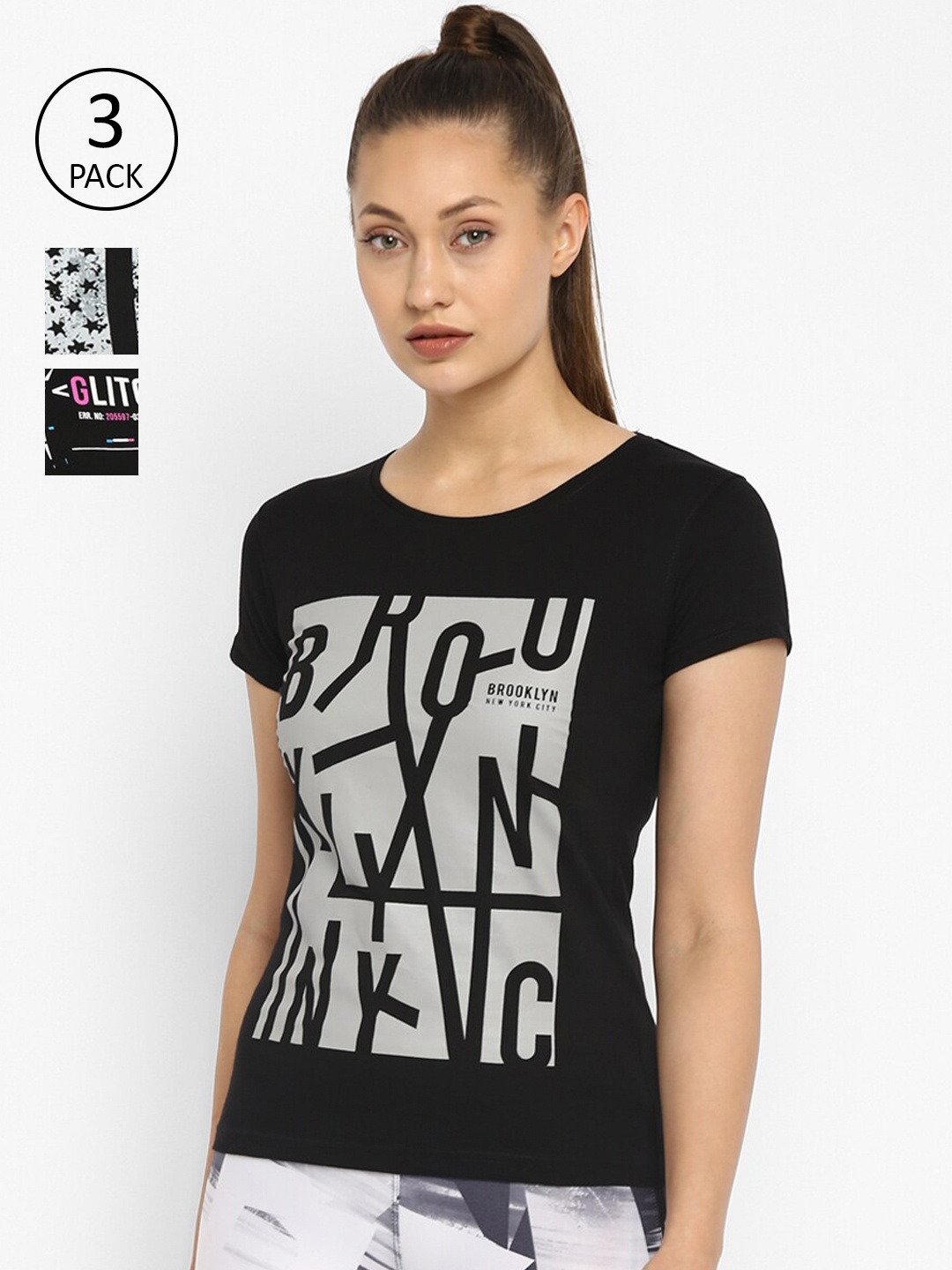 

appulse Women Pack of 3 Black & Grey Printed Round Neck Cotton T-shirt