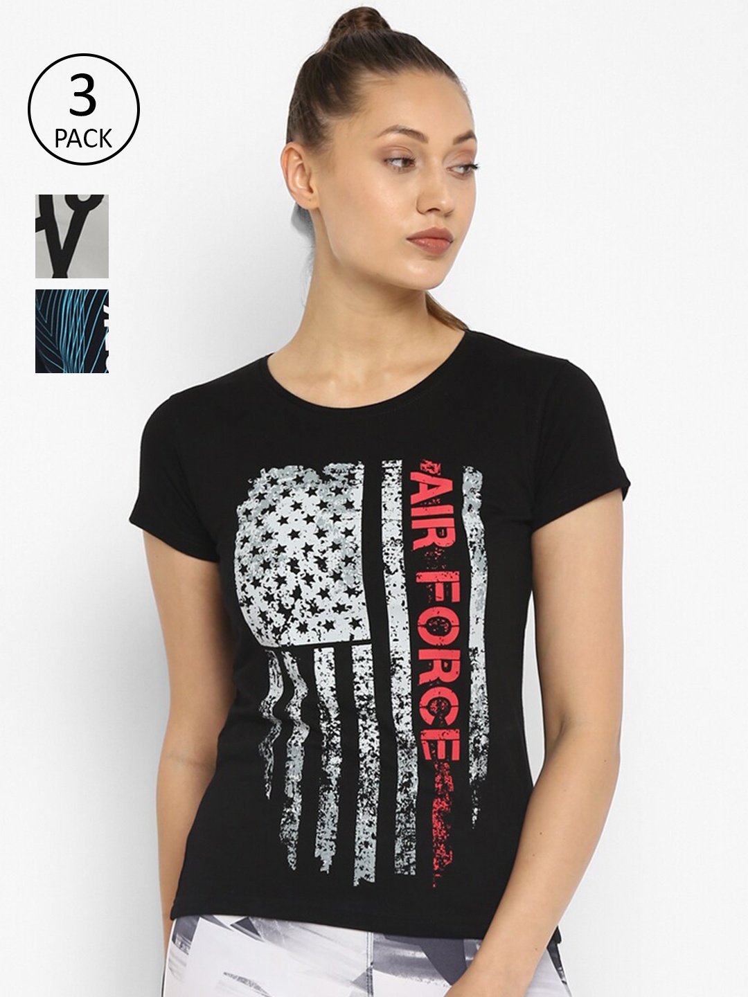 

appulse Women Black & Navy Blue 3 Printed Slim Fit Cotton Running T-shirts
