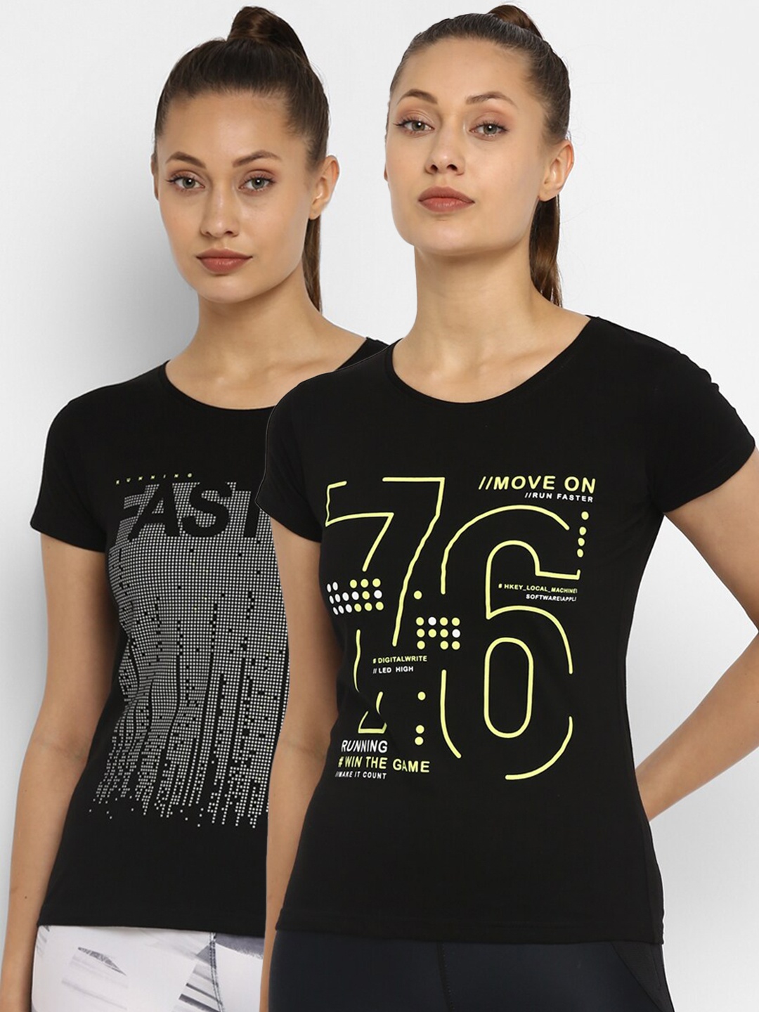

appulse Women Black Typography 2 Printed Slim Fit Cotton Running T-shirts