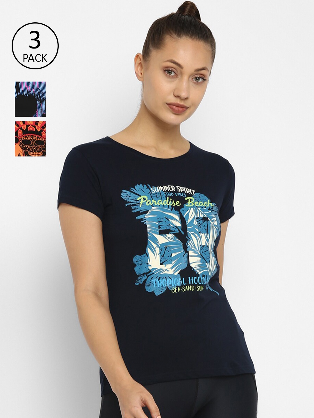 

appulse Women Black & Navy Blue Typography 3 Printed Slim Fit T-shirt