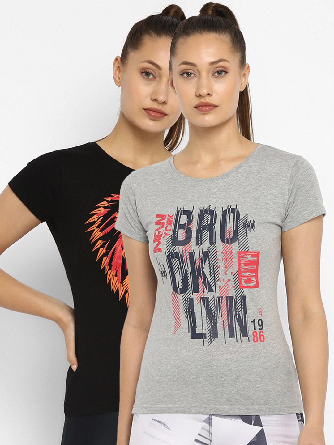 

appulse Women Grey & Black Typography 2 Printed Slim Fit Running Cotton T-shirts