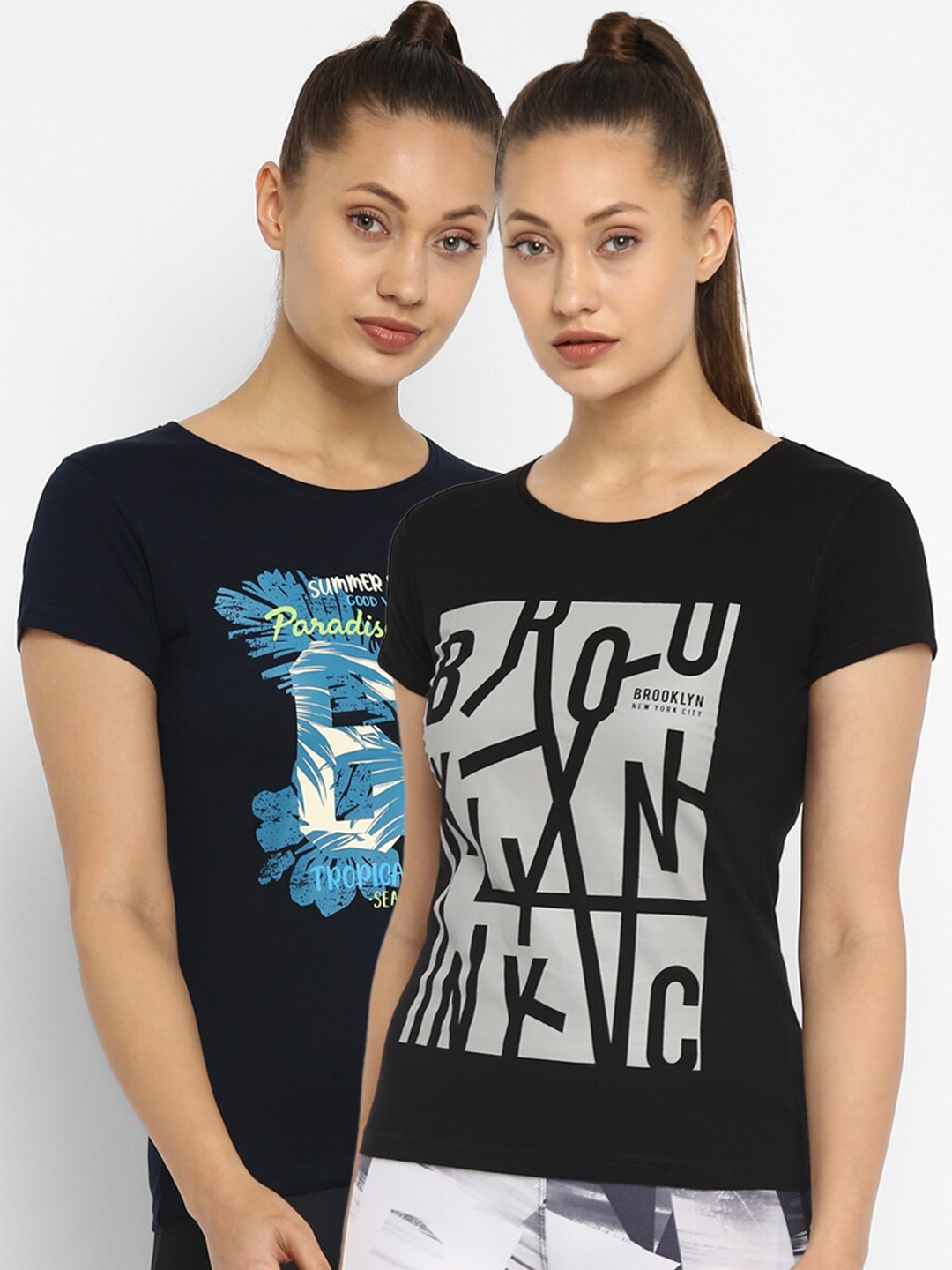 

appulse Women Black & Navy Blue Pack of 2 Printed Slim Fit T-shirts