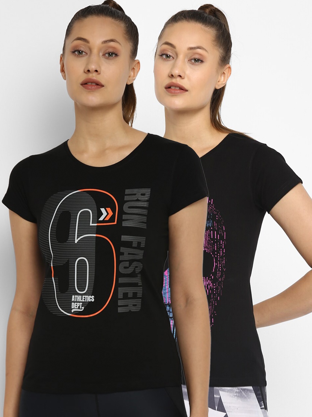 

appulse Woman Pack of 2 Black Typography Printed Slim Fit Running T-shirt, Multi