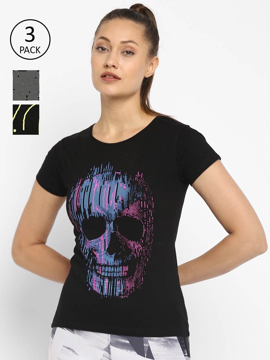 

appulse Women Set of 3 Black Printed Slim Fit Running T-shirt