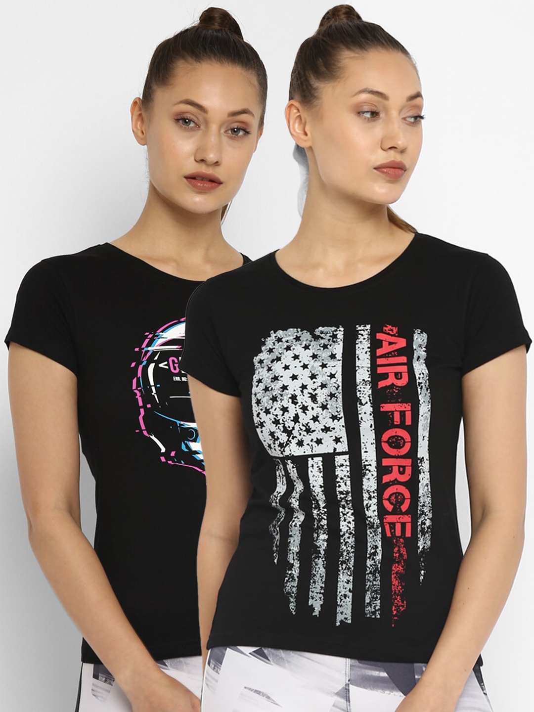

appulse Women Black & White Set Of 2 Printed Slim Fit Cotton Running T-shirts