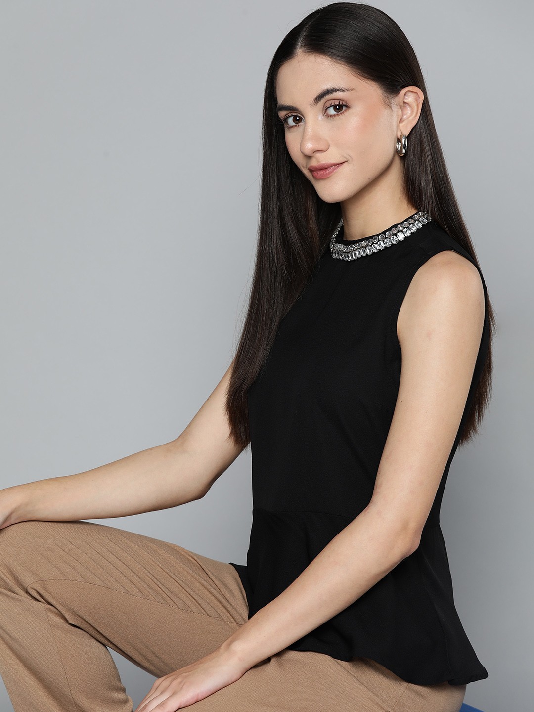 

Chemistry Black Solid Jewel Neck Top