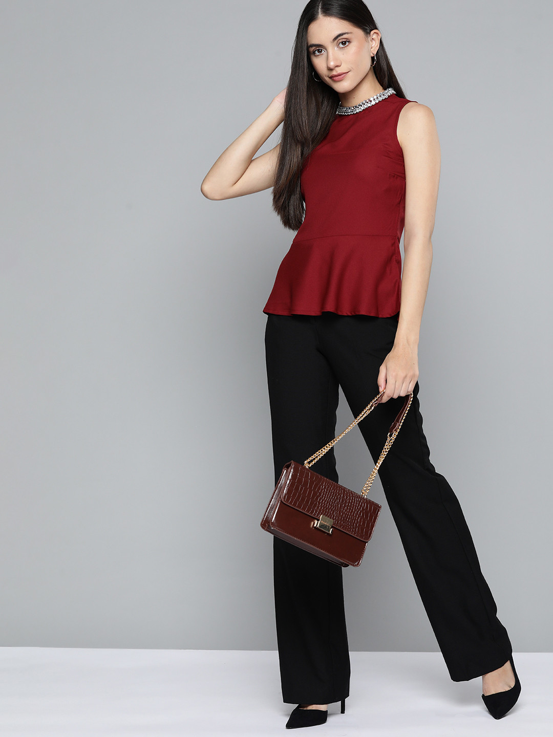 

Chemistry Maroon Solid Jewel Neck Top
