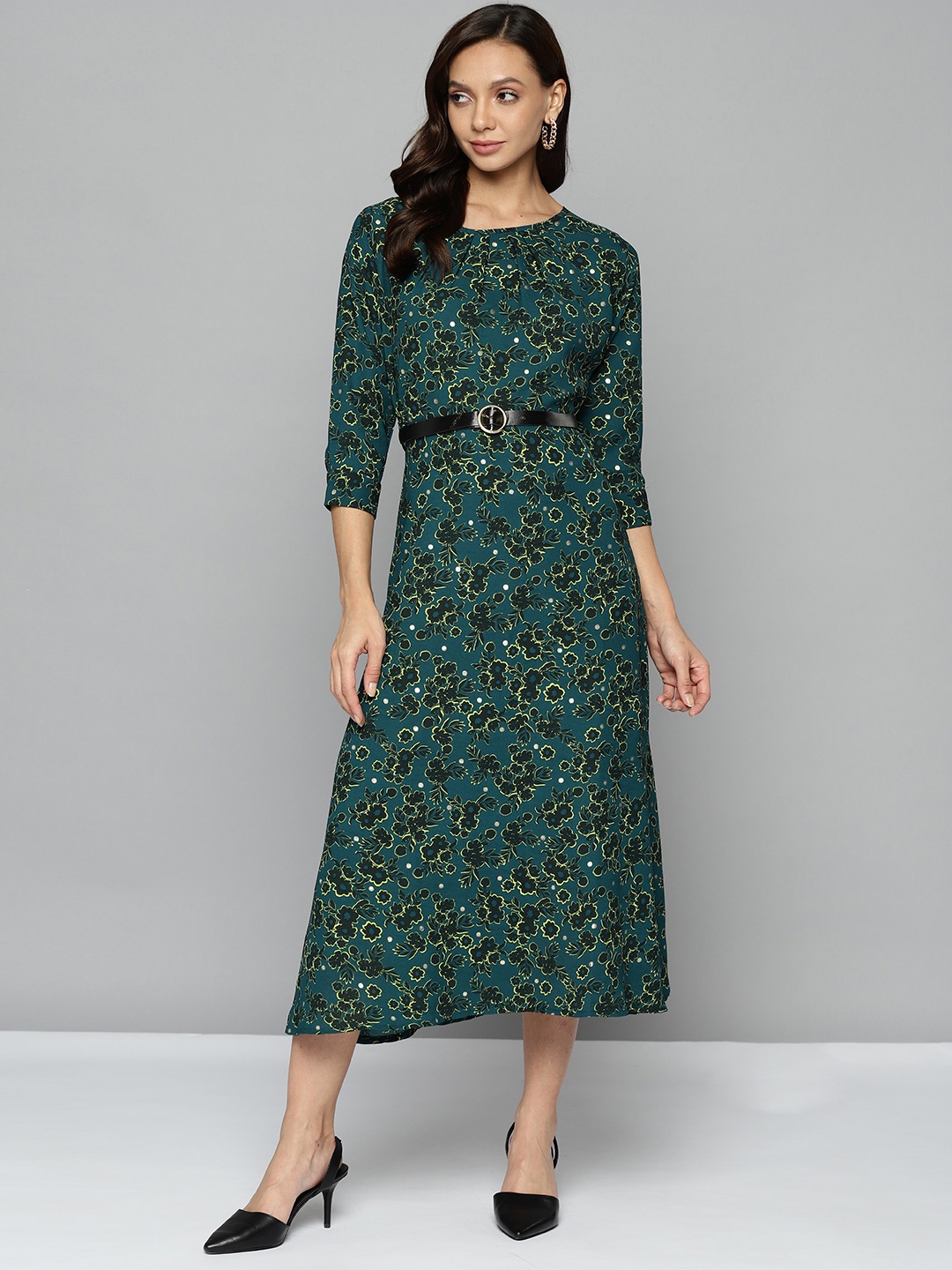 

Chemistry Teal Green & Black Floral Print A-Line Midi Dress with Belt