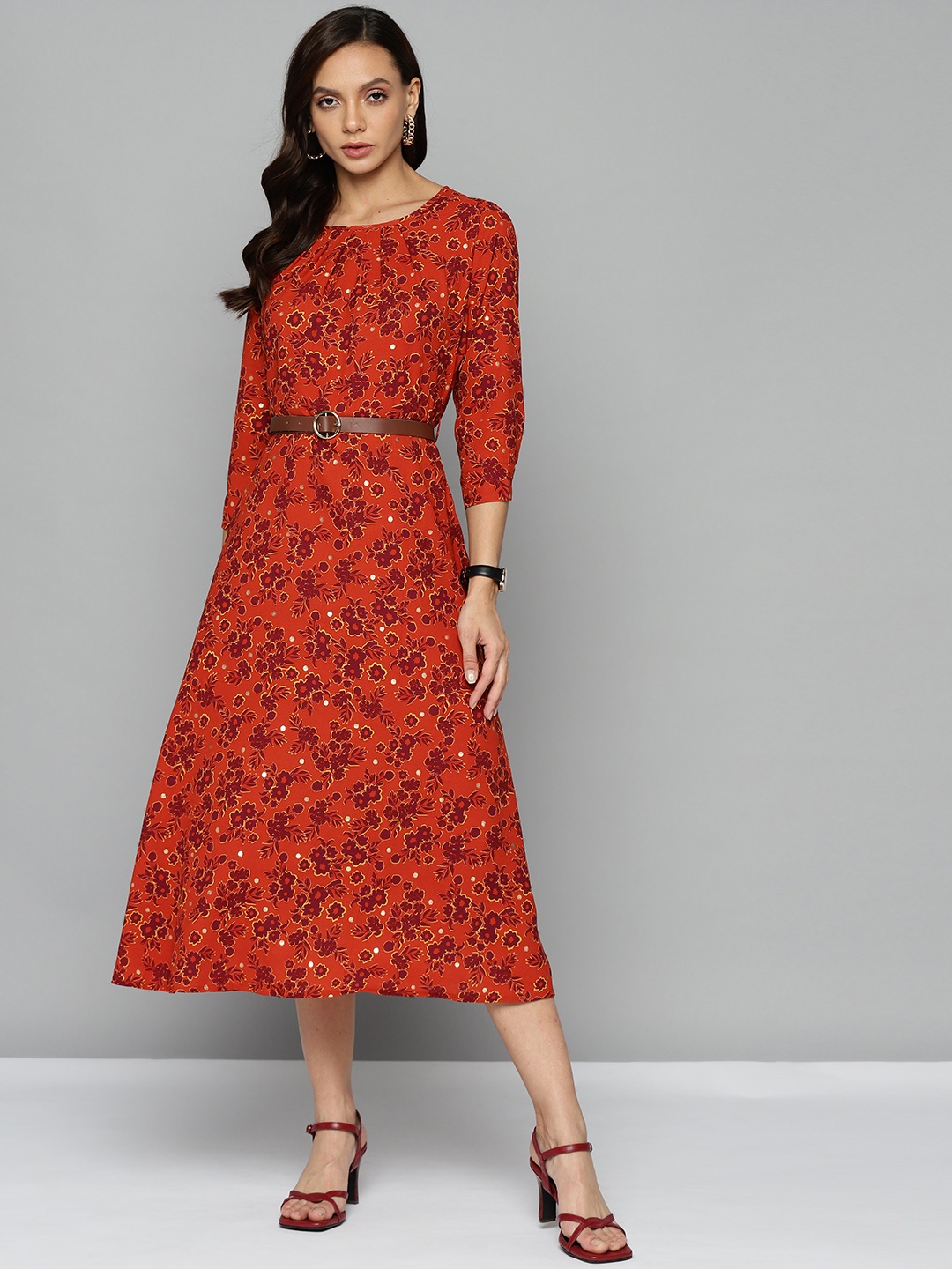 

Chemistry Rust & Burgundy Floral Print A-Line Midi Dress with Belt