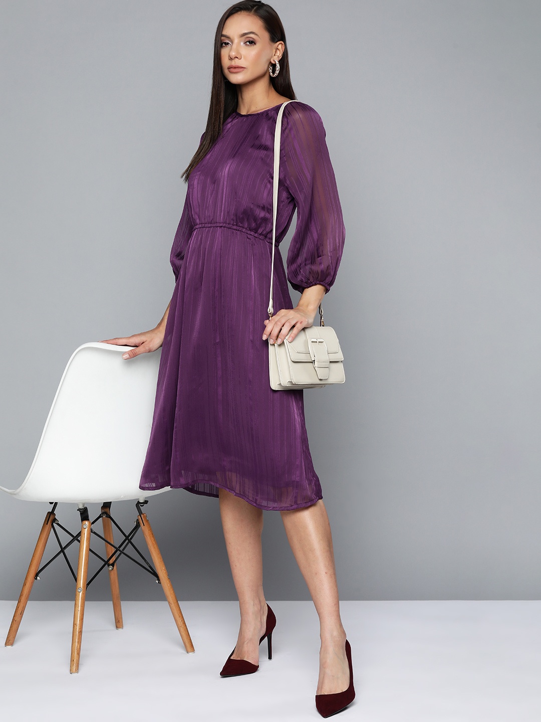 

Chemistry Purple Satin Striped Fit and Flare Dress