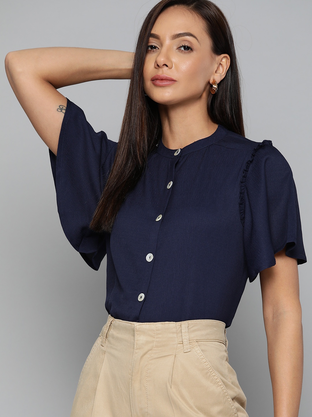 

Chemistry Women Navy Blue Mandarin Collar with Ruffles detail Shirt Style Top