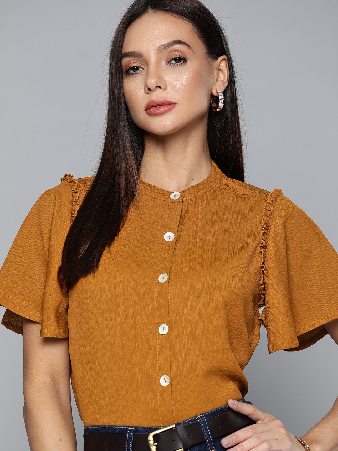 

Chemistry Women Mustard Mandarin Collar with Ruffles detail Shirt Style Top