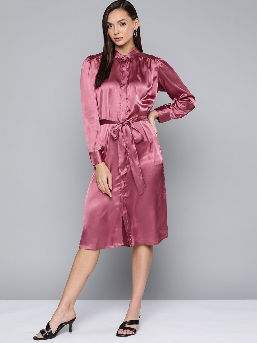 

Chemistry Women Purple Solid Shirt Dress with Satin finish comes with a Belt