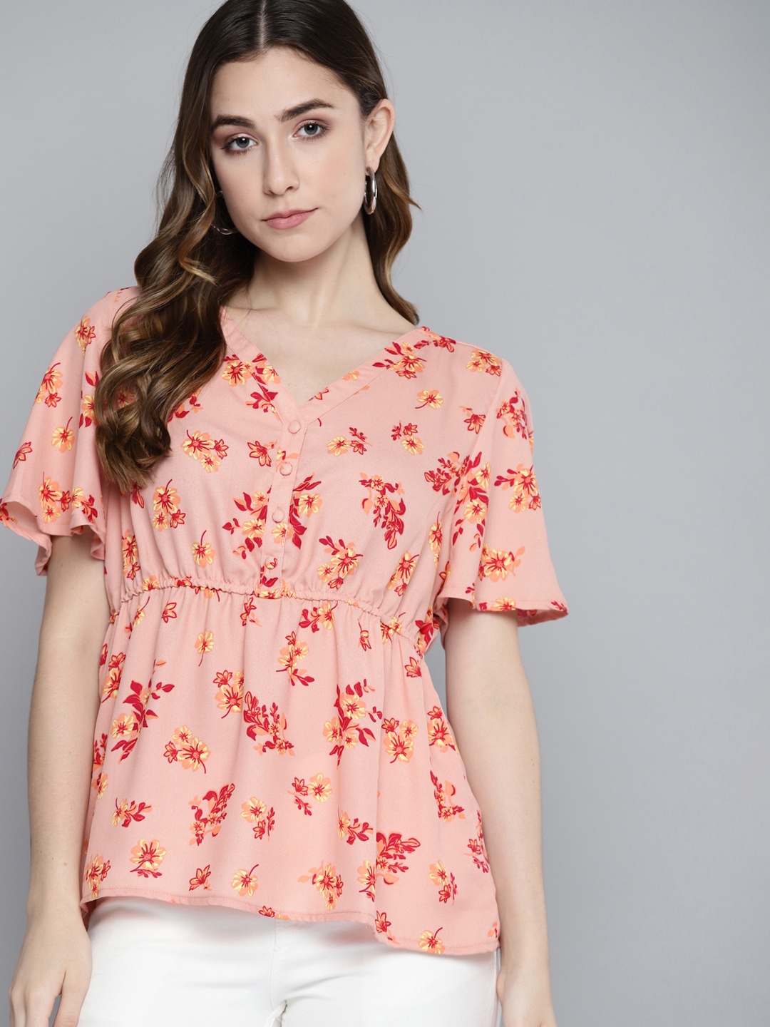 

Chemistry Peach-Coloured & Red Floral Print A-Line Top