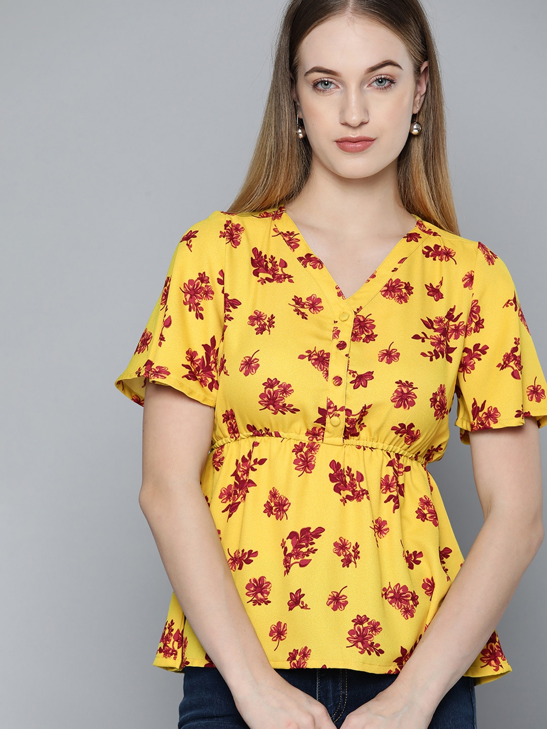 

Chemistry Yellow & Maroon Floral Print Top