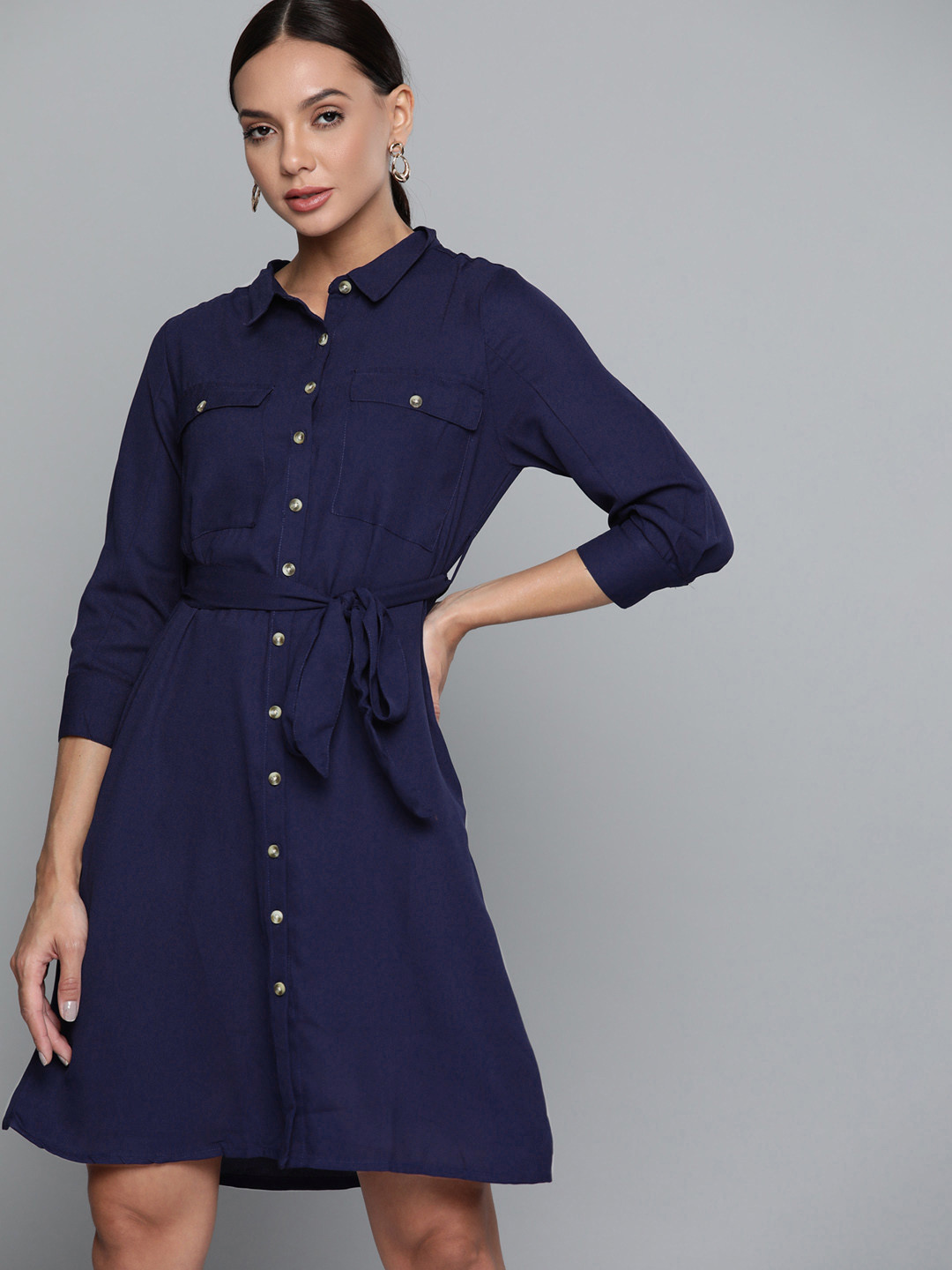 

Chemistry Navy Blue Solid Shirt Dress with Belt