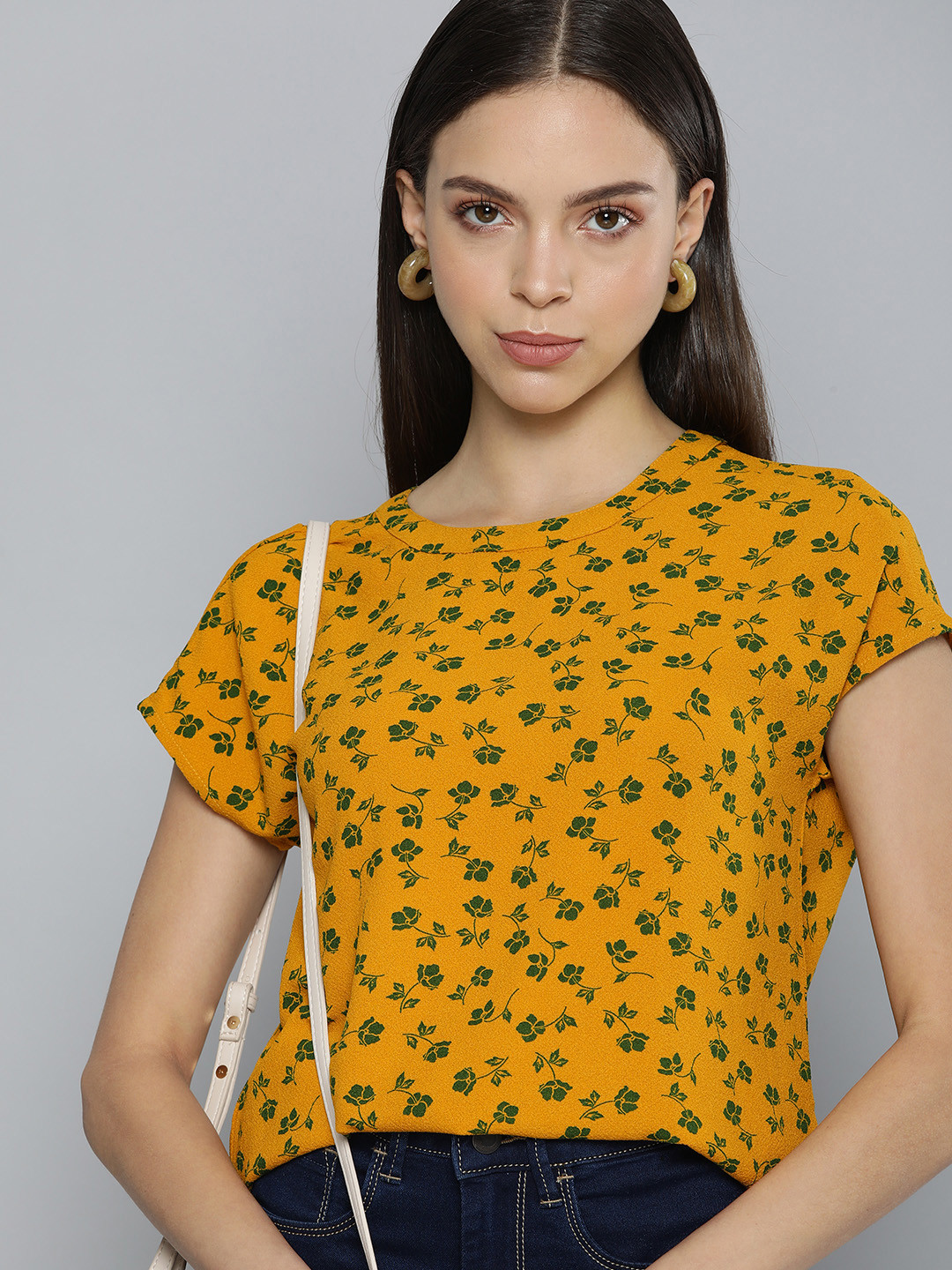 

Chemistry Mustard Yellow & Green Floral Print Extended Sleeves Top