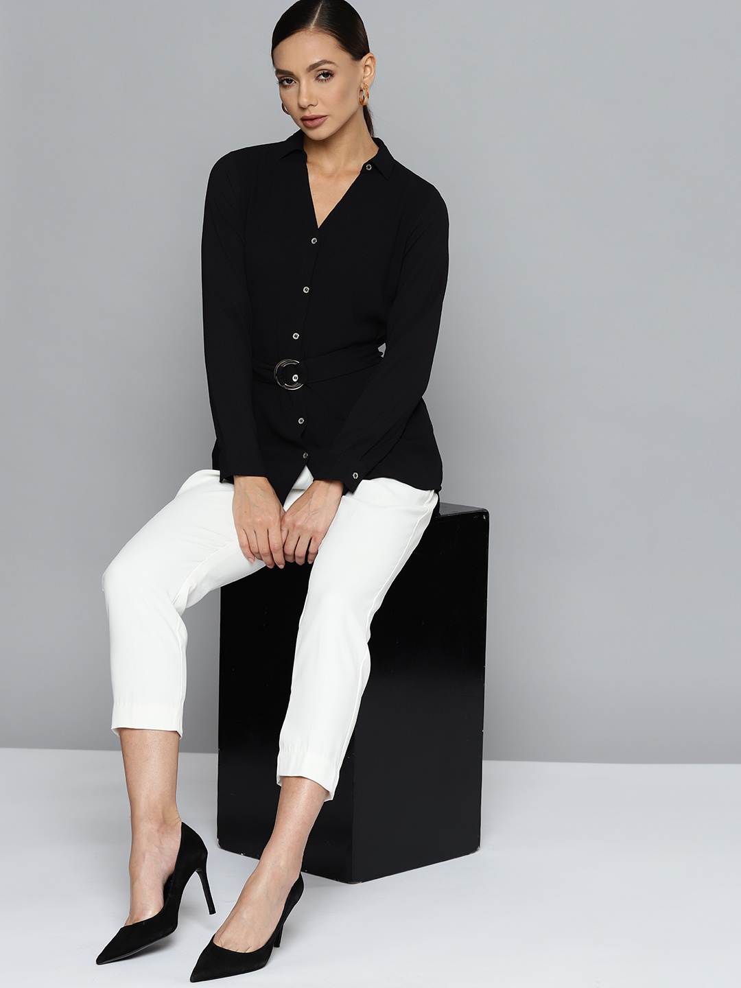 

Chemistry Women Black Solid Casual Shirt with Belt