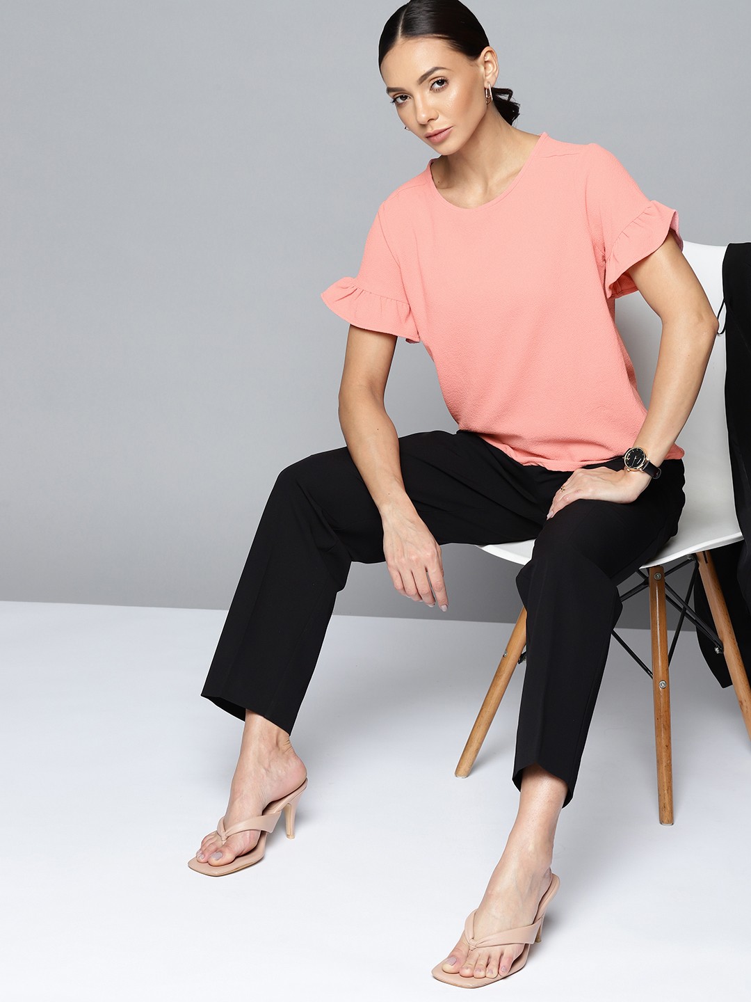 

Chemistry Women Peach-Coloured Solid Flared Sleeves Top