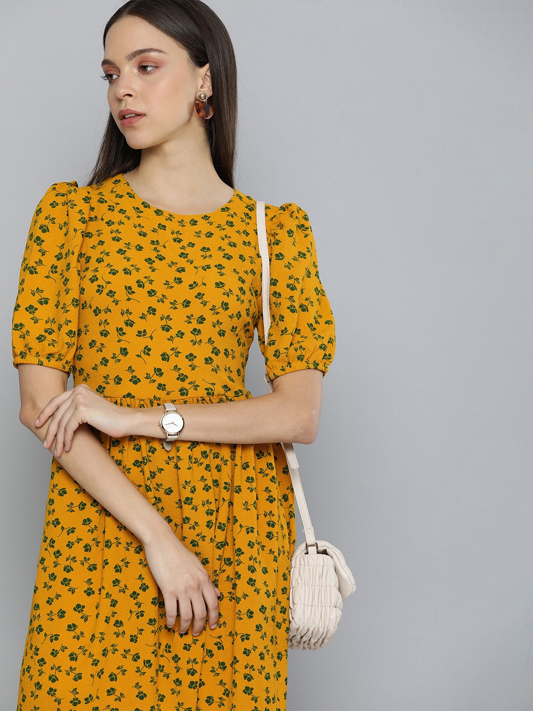 

Chemistry "Mustard Yellow & Green Floral Gathered Fit & Flare Dress "
