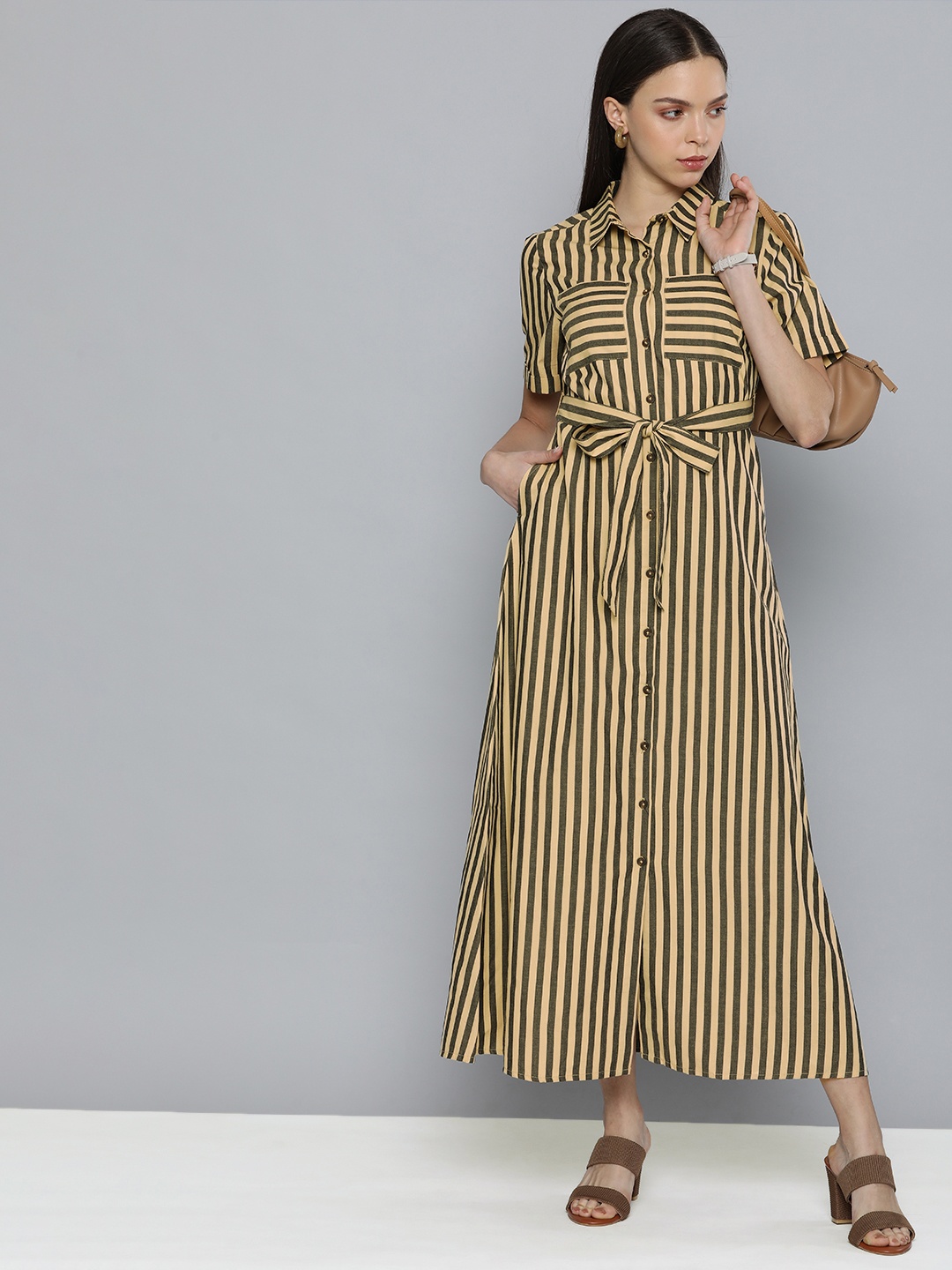 

Chemistry Beige & Black Striped Shirt Maxi Dress