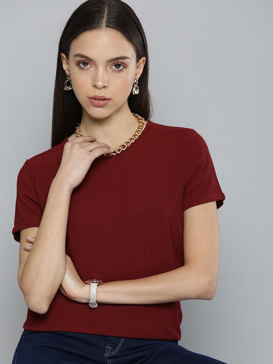 

Chemistry Maroon Solid Round Neck Regular Sleeves Top