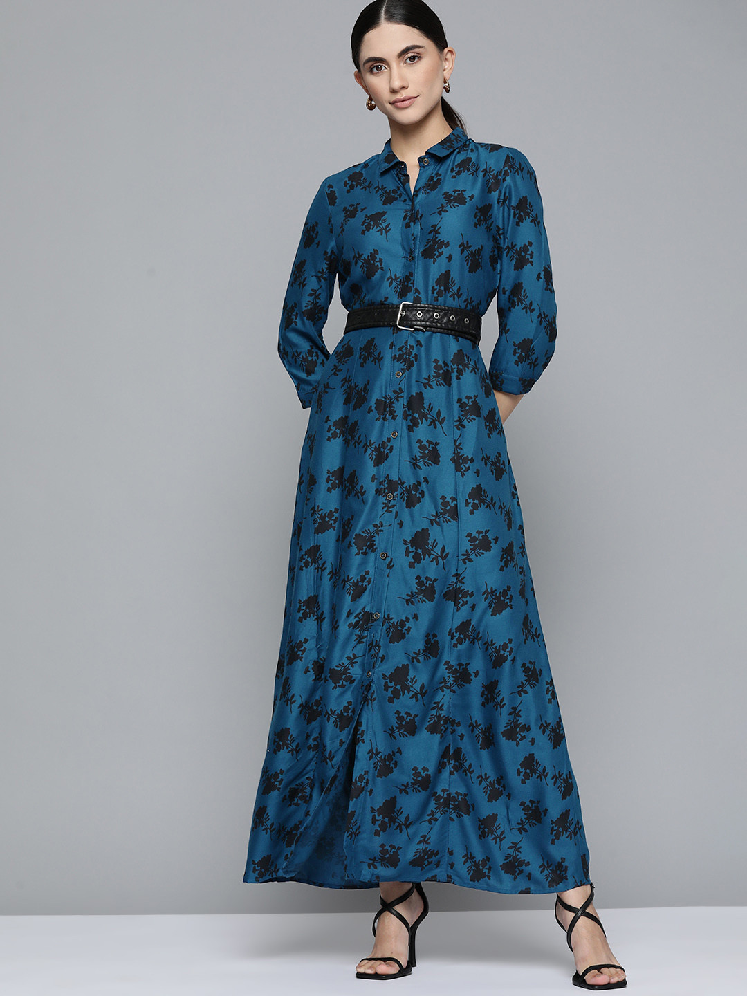 

Chemistry Teal Blue & Black Floral Shirt Maxi Dress