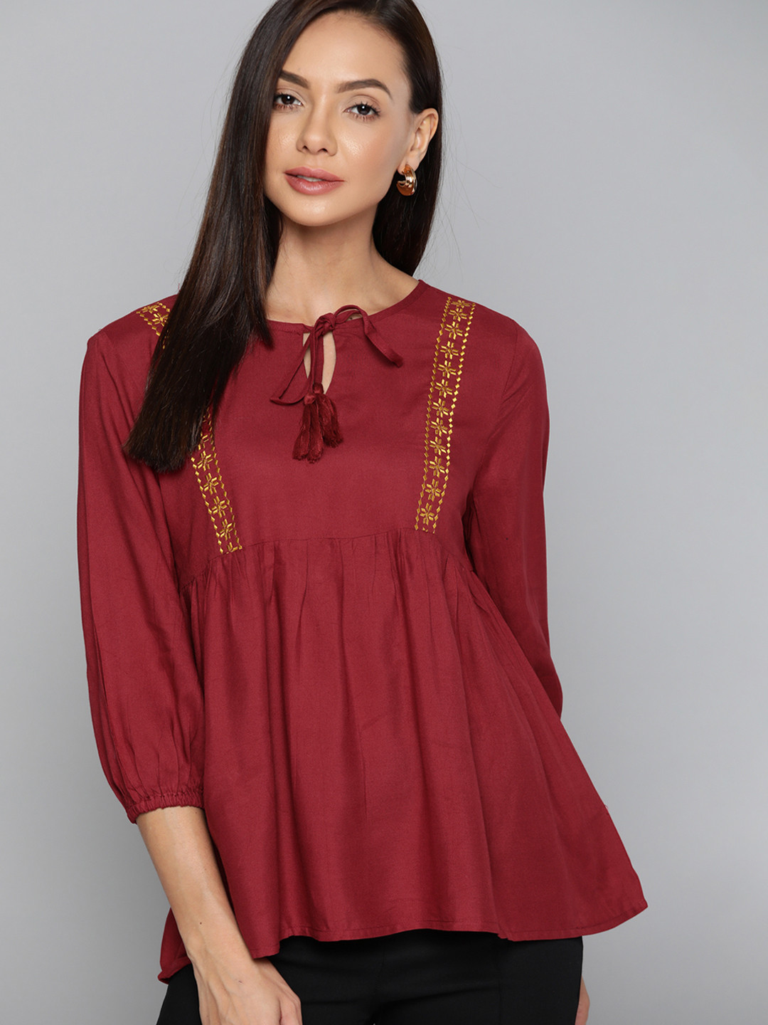 

Chemistry Women Maroon & Mustard Yellow Solid Top with Embroidered Detail
