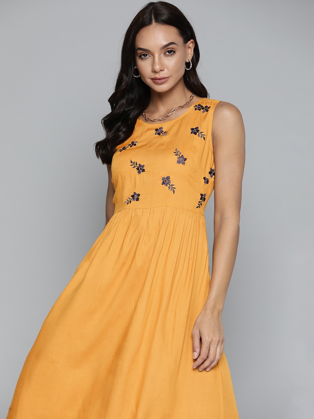 

Chemistry Women Mustard Yellow & Navy Blue Embroidered Fit & Flare Dress