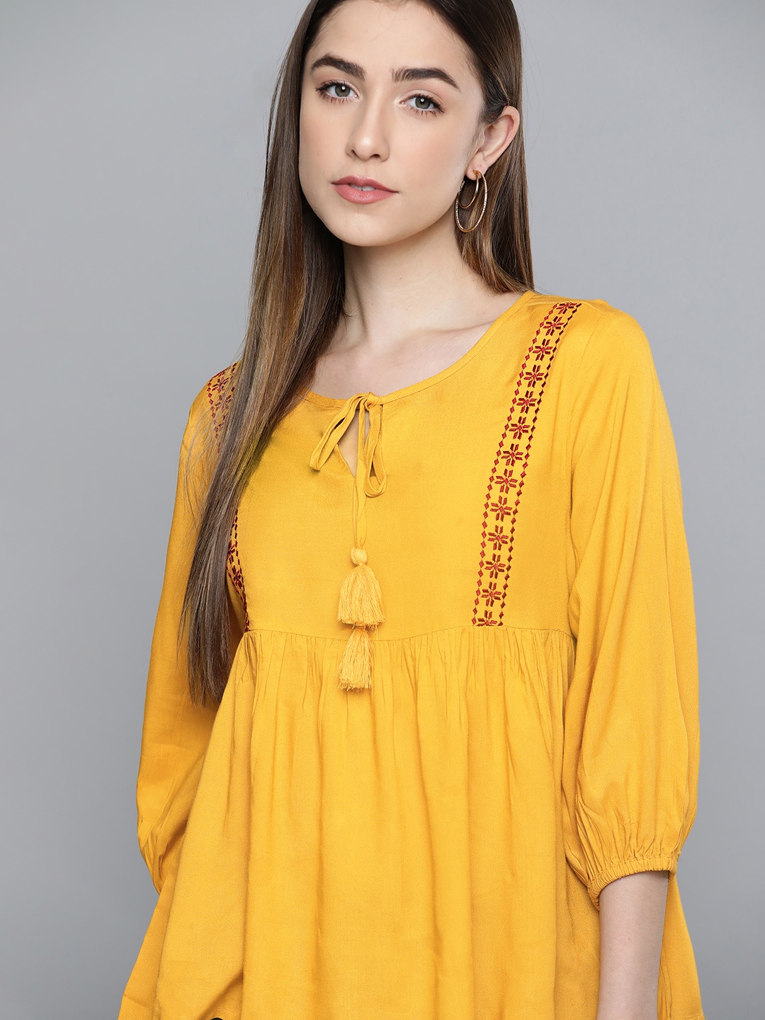 

Chemistry Mustard Yellow & Red Embroidered Tie-Up Neck Top