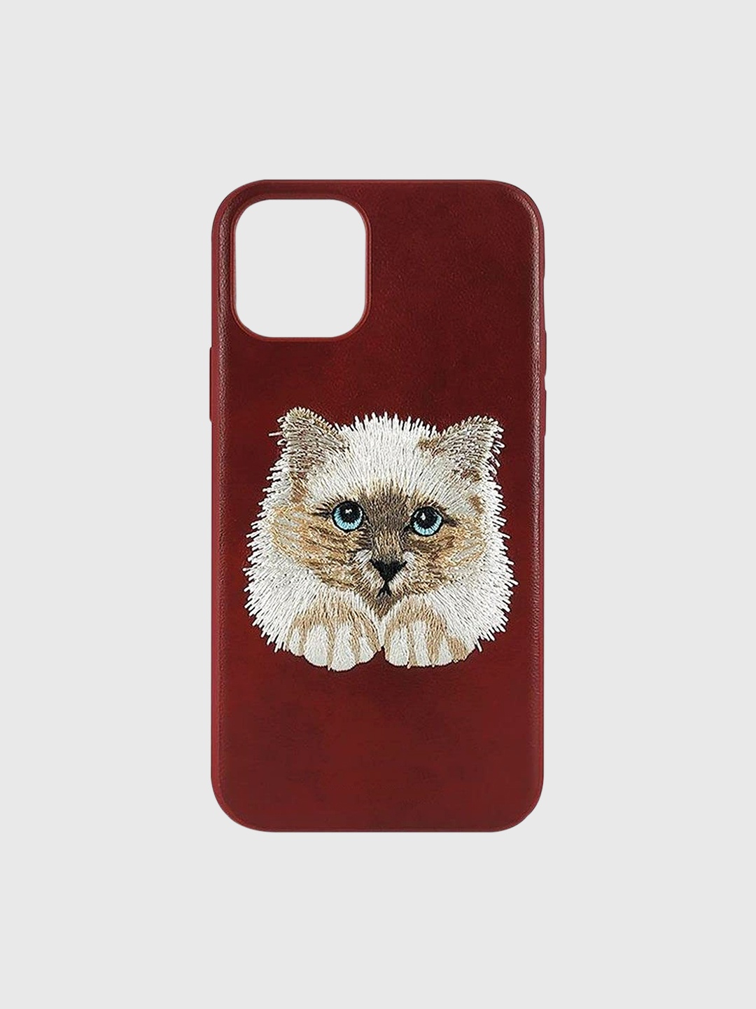 

TREEMODA Maroon & White Cat Embroidered Leather iPhone 13 Back Case