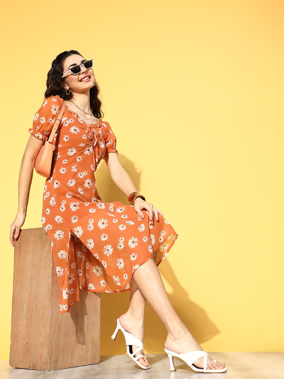 

plusS Women Orange Romantic Florals Dress