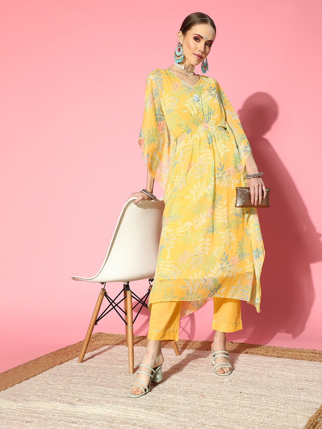 

ZOLA Floral Poly Chiffon New Age Kaftan Kurta Set, Mustard