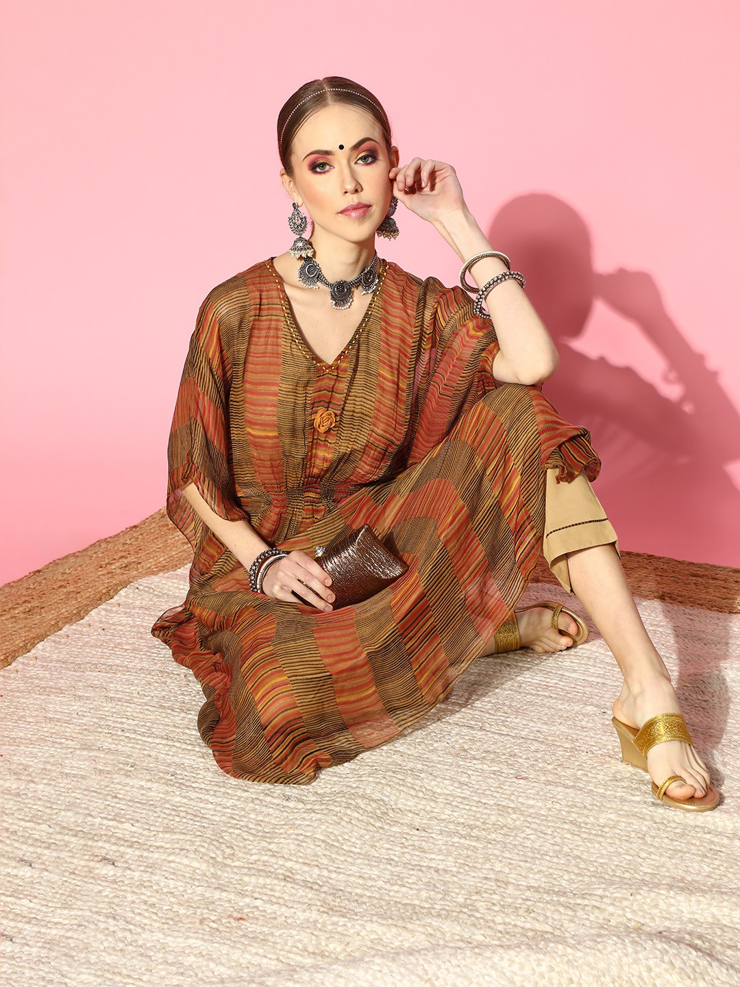 

ZOLA Striped Viscose Rayon New Age Kaftan Kurta Set, Mustard