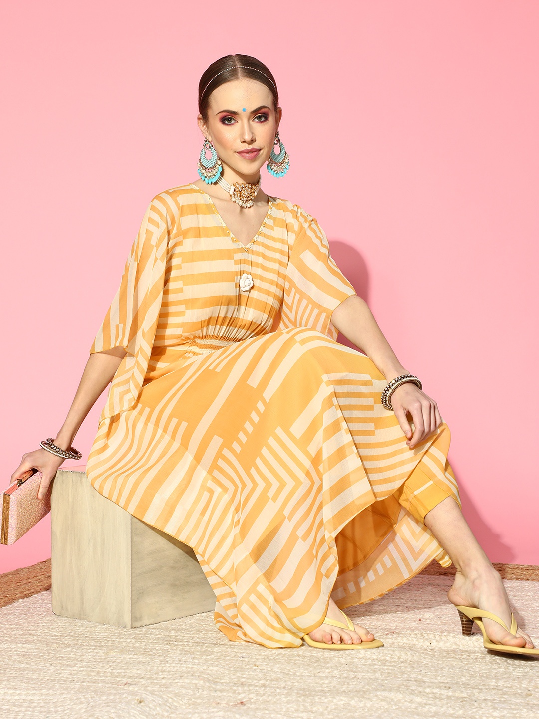 

ZOLA Striped Chiffon Kaftan Lightweight Kurta Set, Mustard