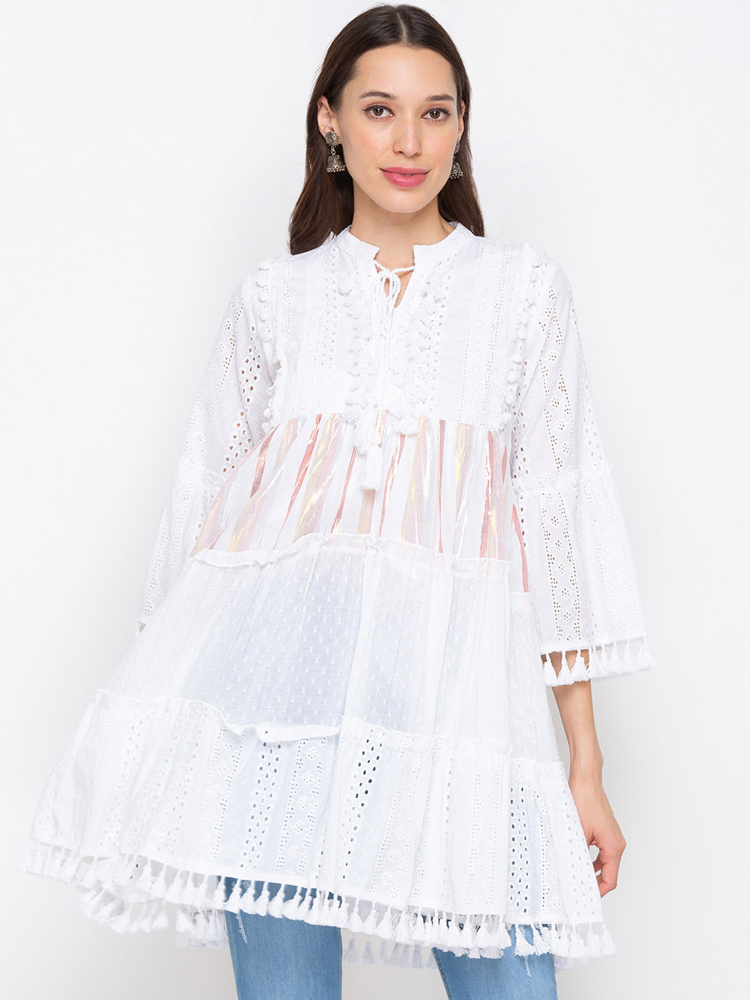 

ZOLA White Ethnic Motifs Embroidered Thread Work Thread Work Tiered Kurti