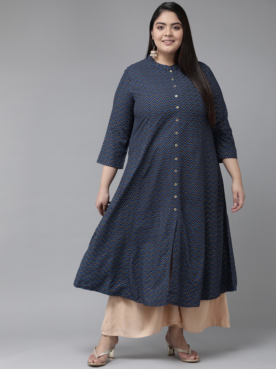 

YASH GALLERY Women Blue Chevron Printed Indigo Anarkali Kurta