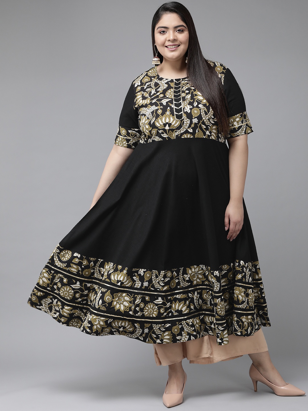 YASH GALLERY Women Black Floral Yoke Design Anarkali Kurta