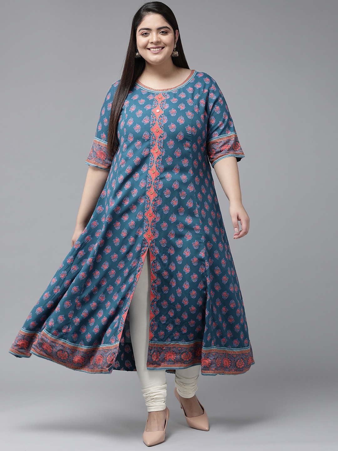 

YASH GALLERY Women Blue & Orange Ethnic Motifs Printed Floral Kurta