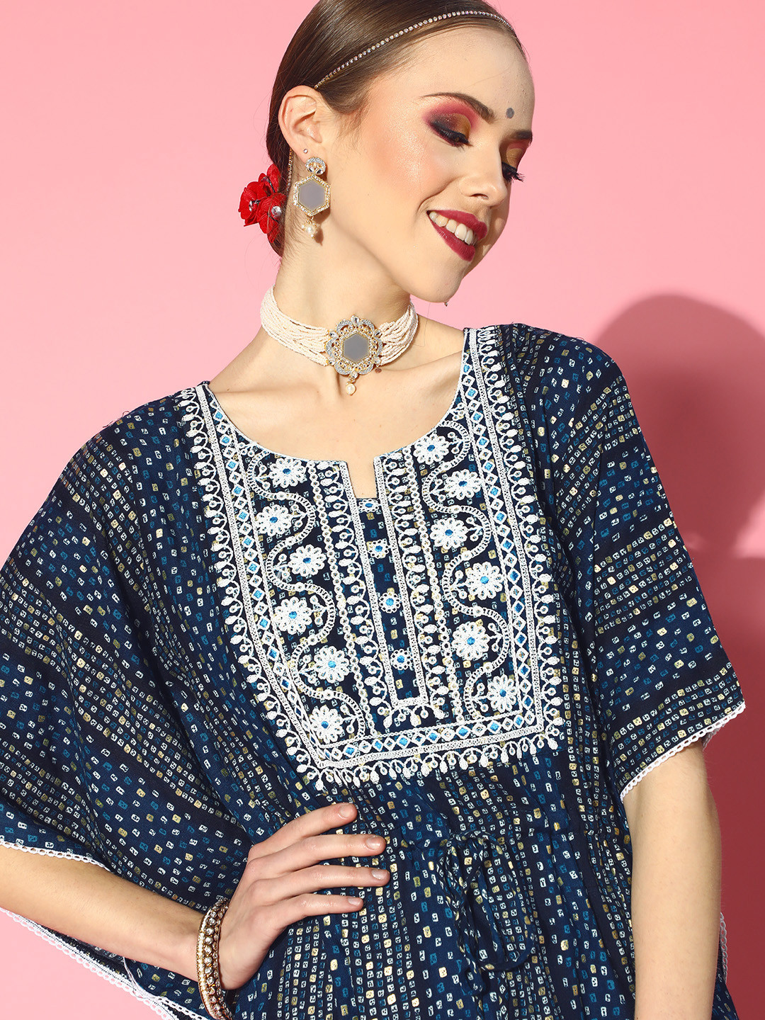 

ZOLA Stylish Women Black Bandhani Print Kaftan Kurta