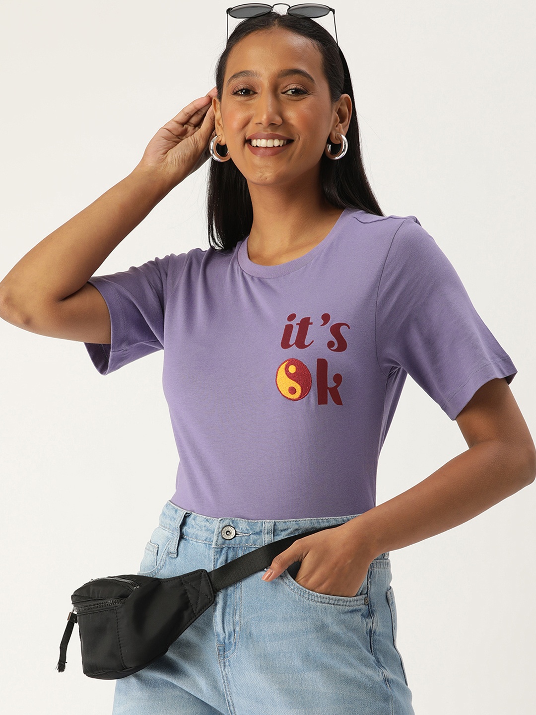 

FOREVER 21 Women Violet Graphic Printed Pure Cotton Regular Top